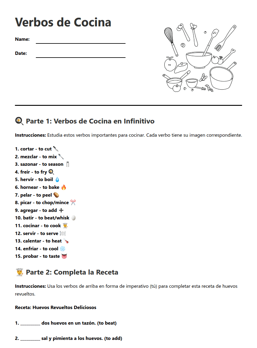 Verbos de Cocina worksheet preview