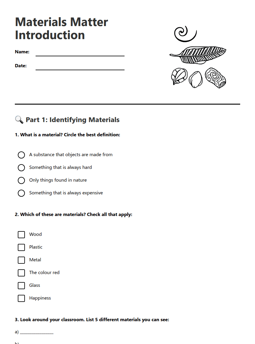Materials Matter Introduction worksheet preview