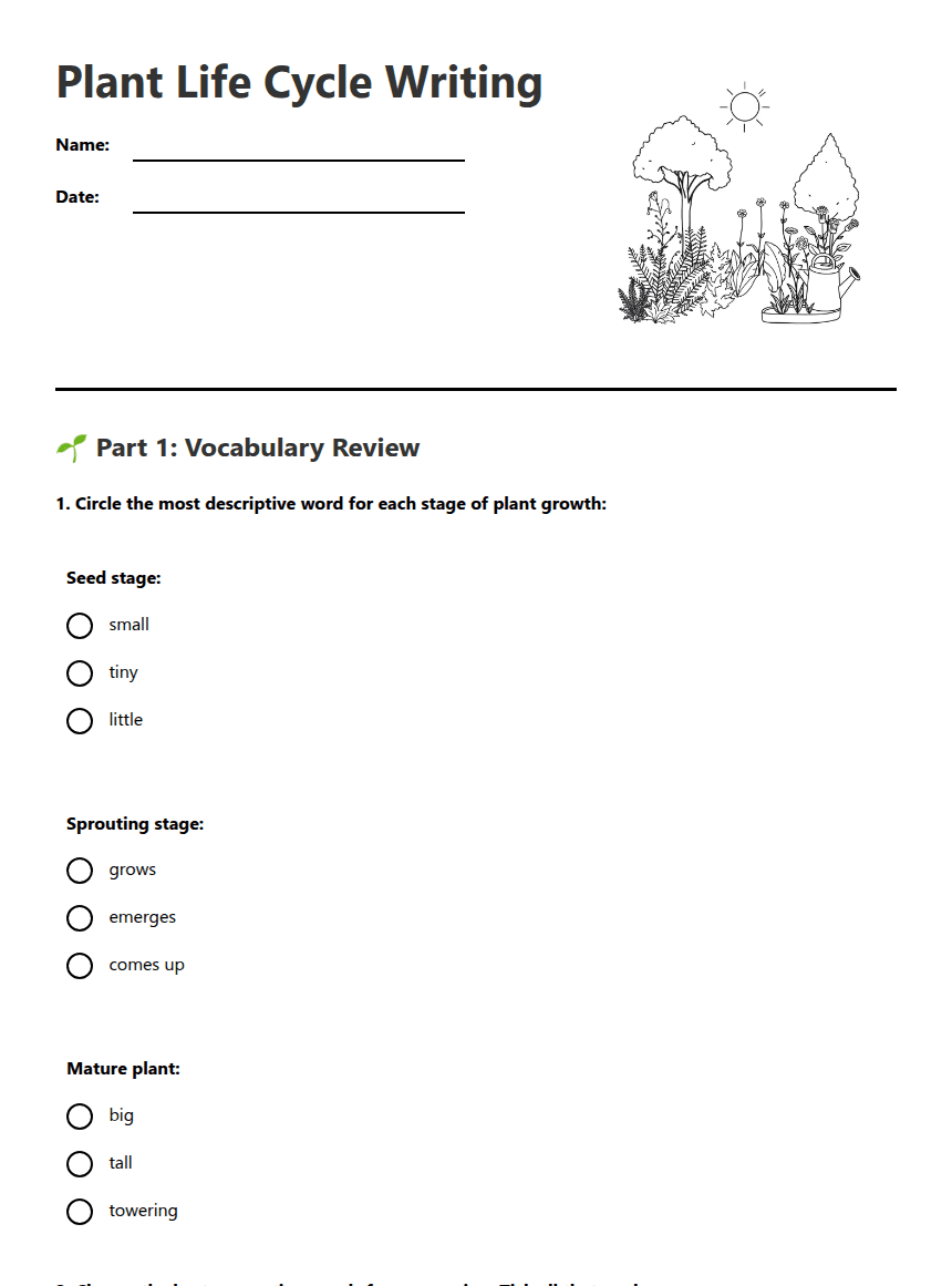 Plant Life Cycle Writing worksheet preview