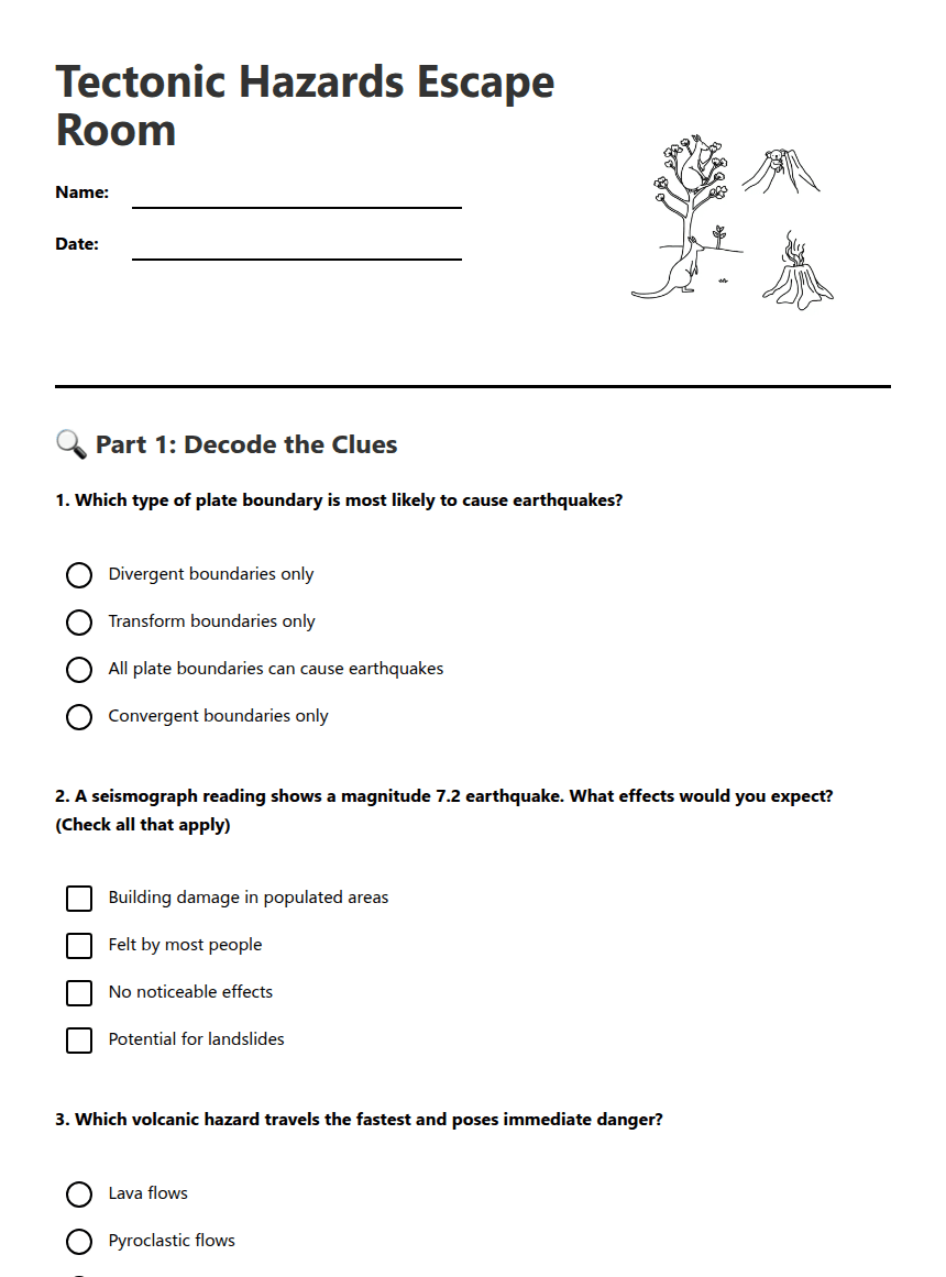 Tectonic Hazards Escape Room worksheet preview