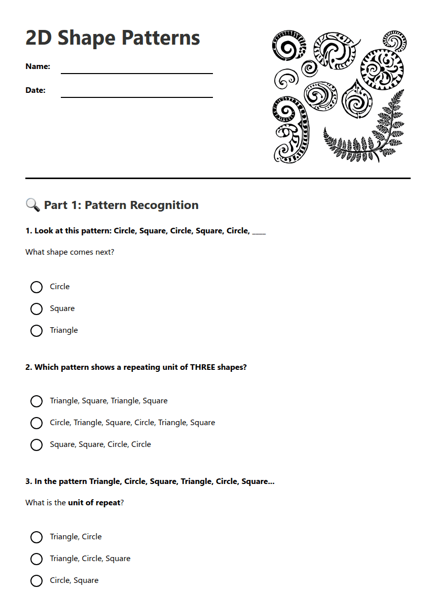 2D Shape Patterns worksheet preview