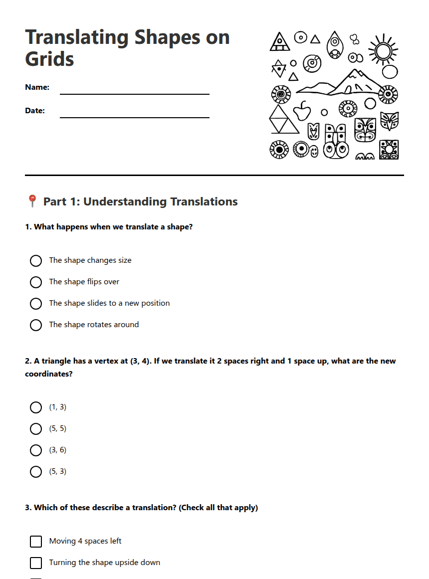 Translating Shapes on Grids worksheet preview