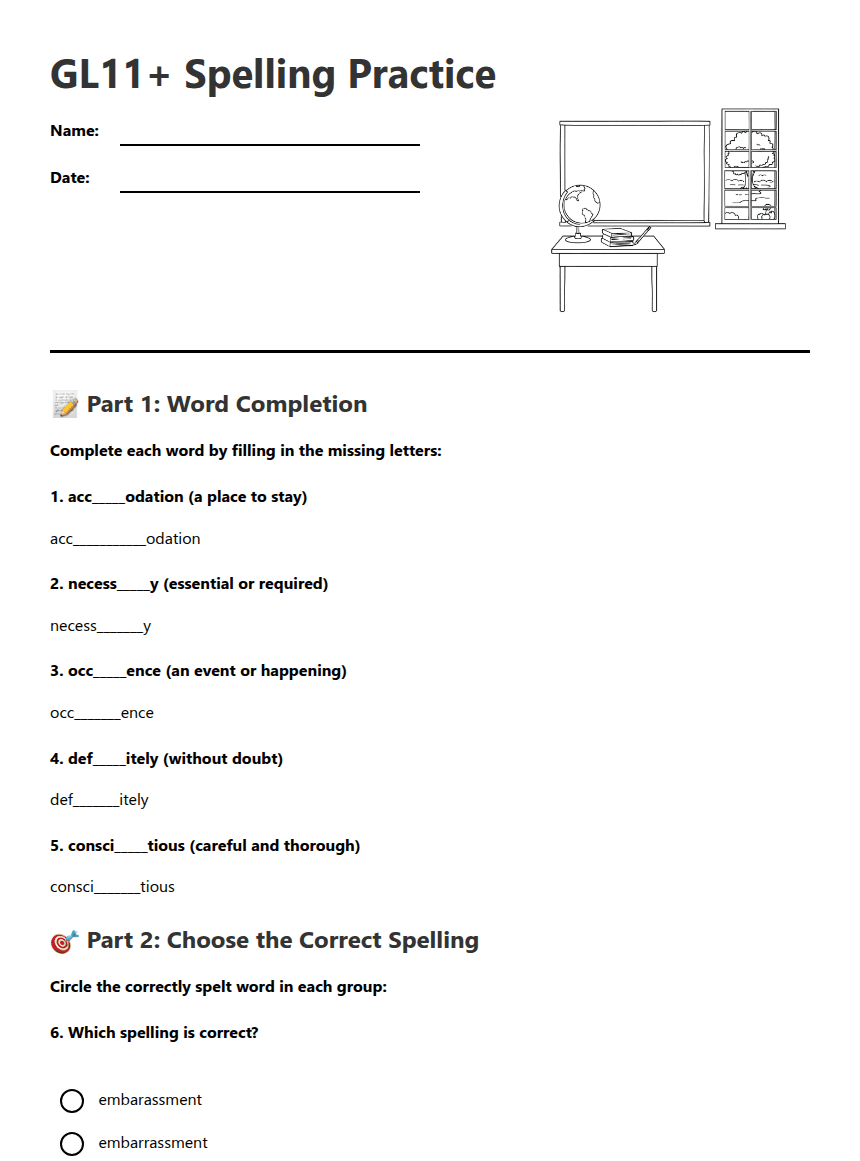 GL11+ Spelling Practice worksheet preview