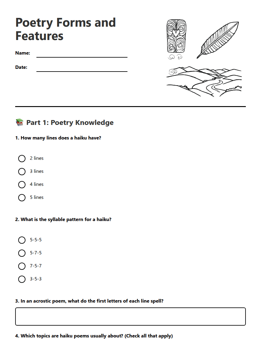 Poetry Forms and Features worksheet preview
