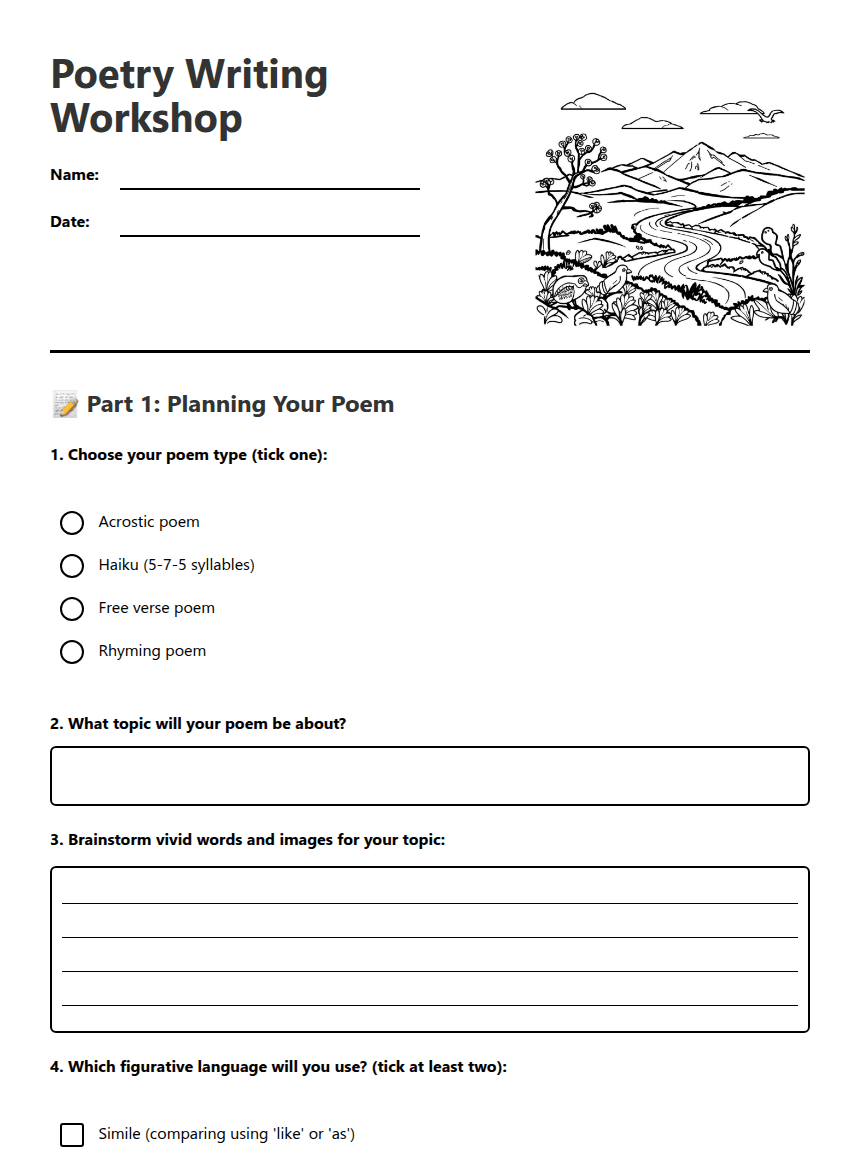 Poetry Writing Workshop worksheet preview