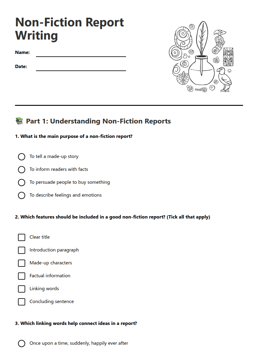 Non-Fiction Report Writing worksheet preview