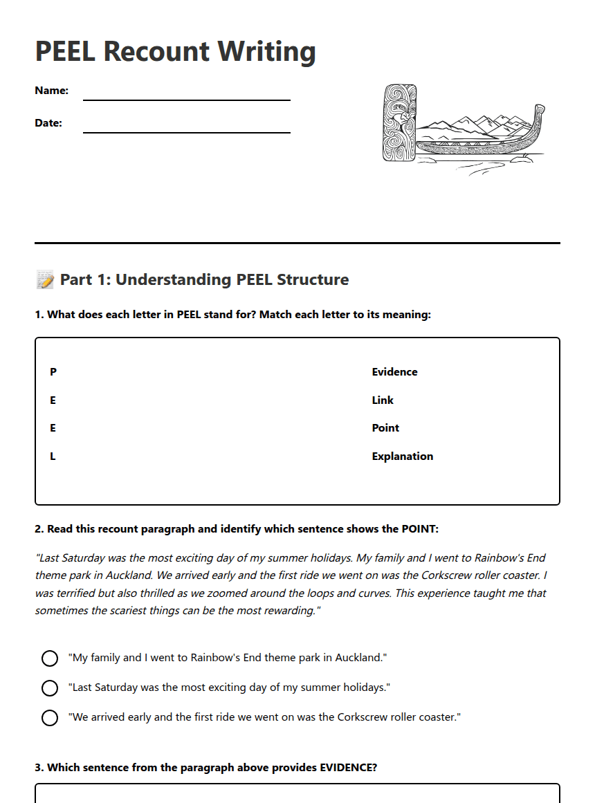 PEEL Recount Writing worksheet preview