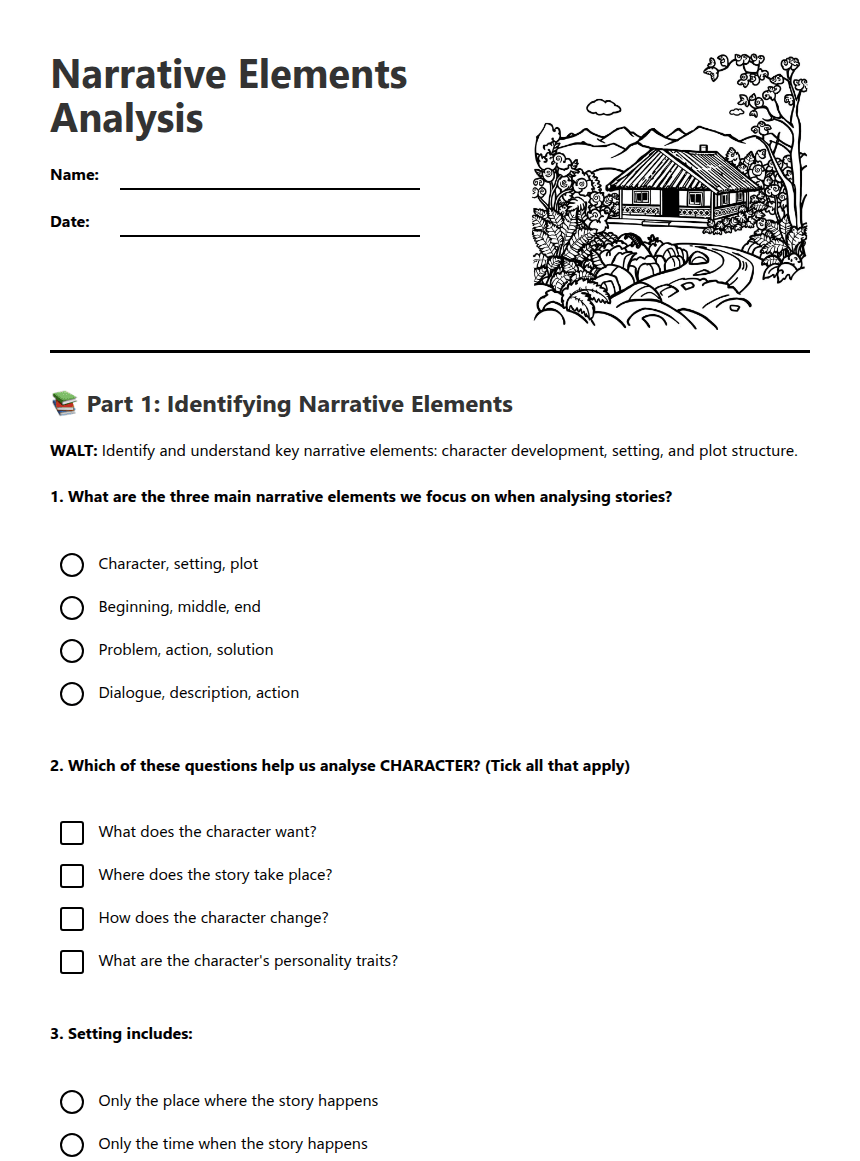 Narrative Elements Analysis worksheet preview