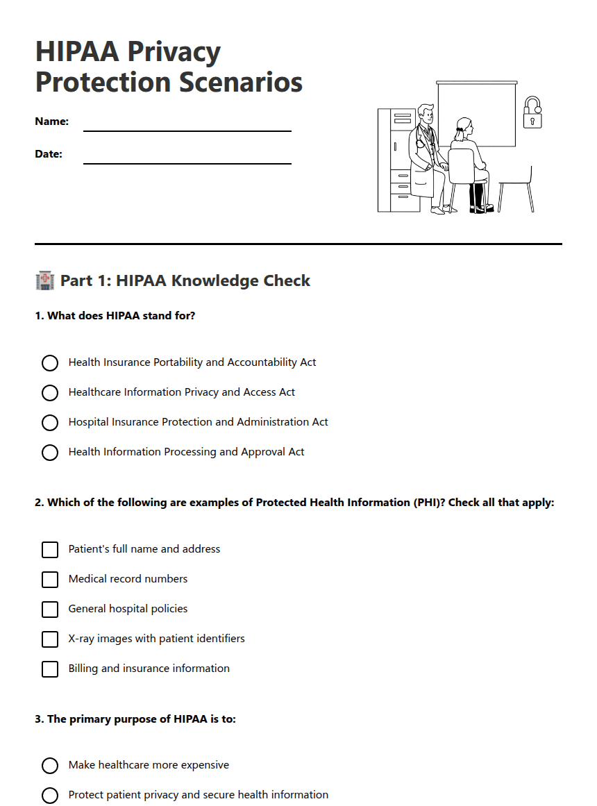 HIPAA Privacy Protection Scenarios worksheet preview
