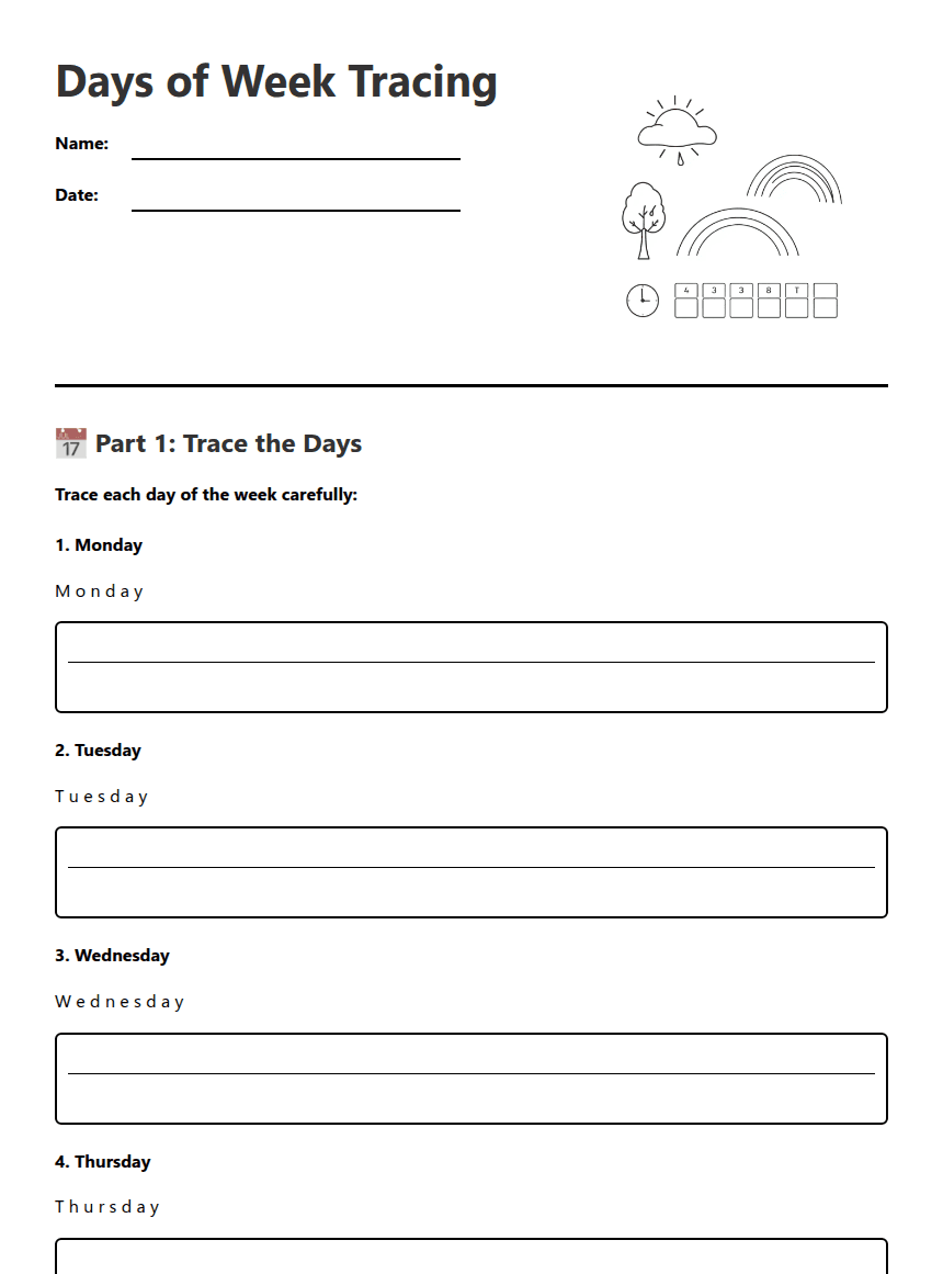 Days of Week Tracing worksheet preview