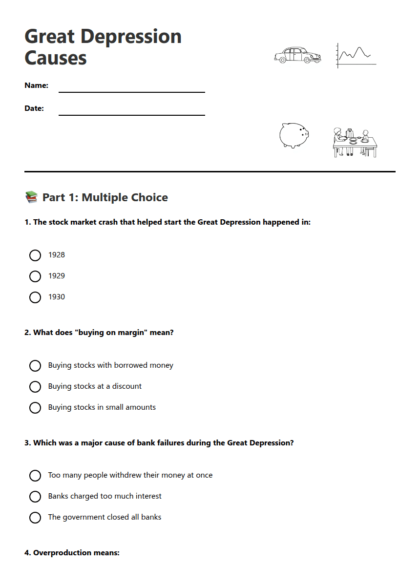 Great Depression Causes worksheet preview