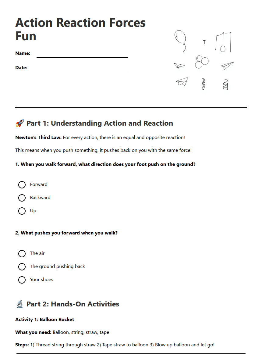 Action Reaction Forces Fun worksheet preview