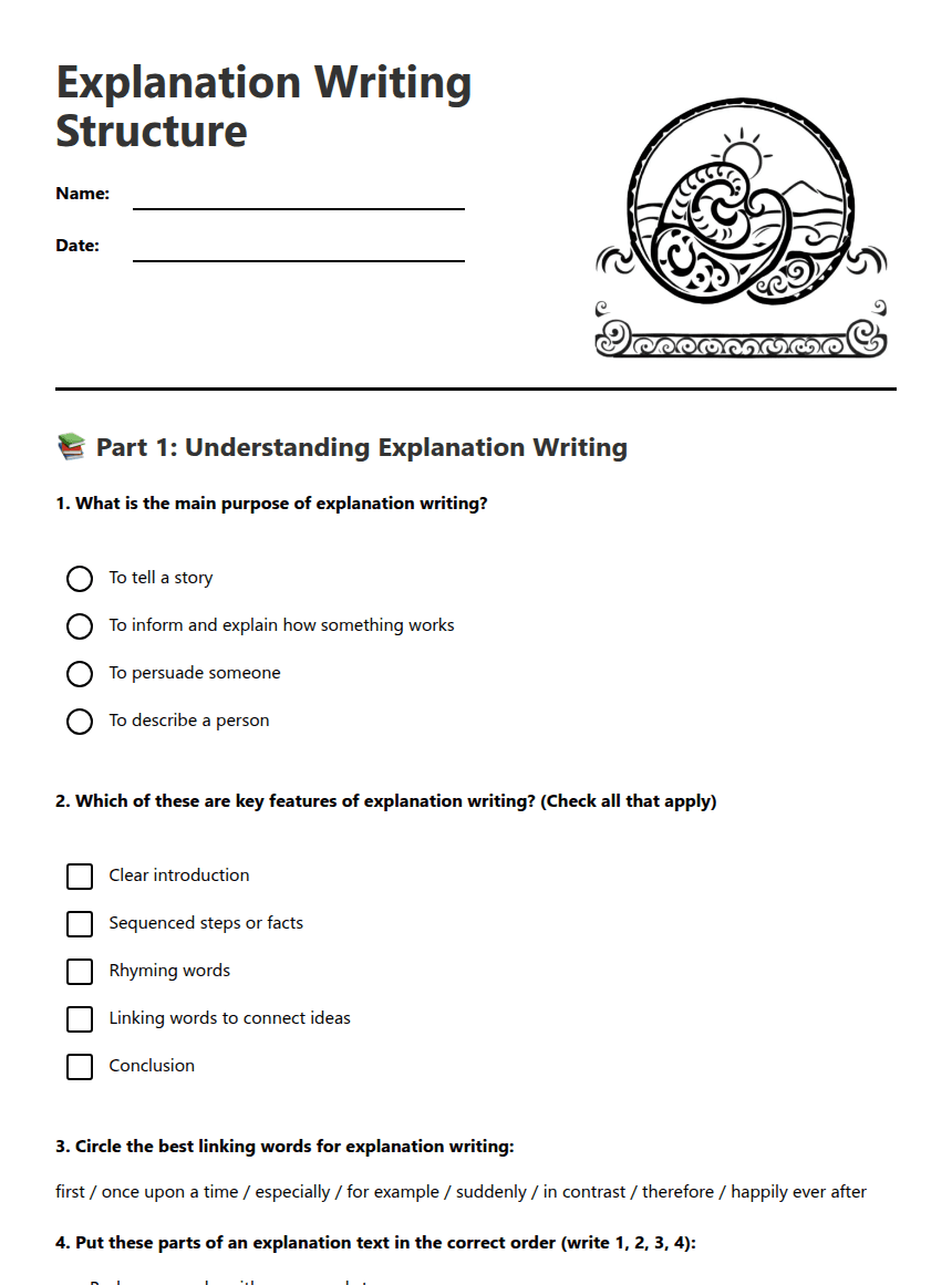 Explanation Writing Structure worksheet preview
