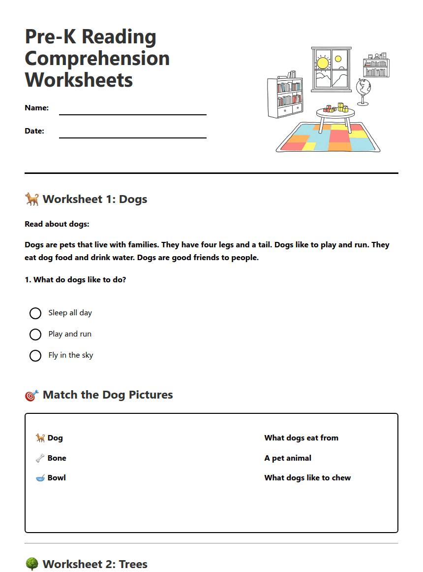 Pre-K Reading Comprehension Worksheets worksheet preview