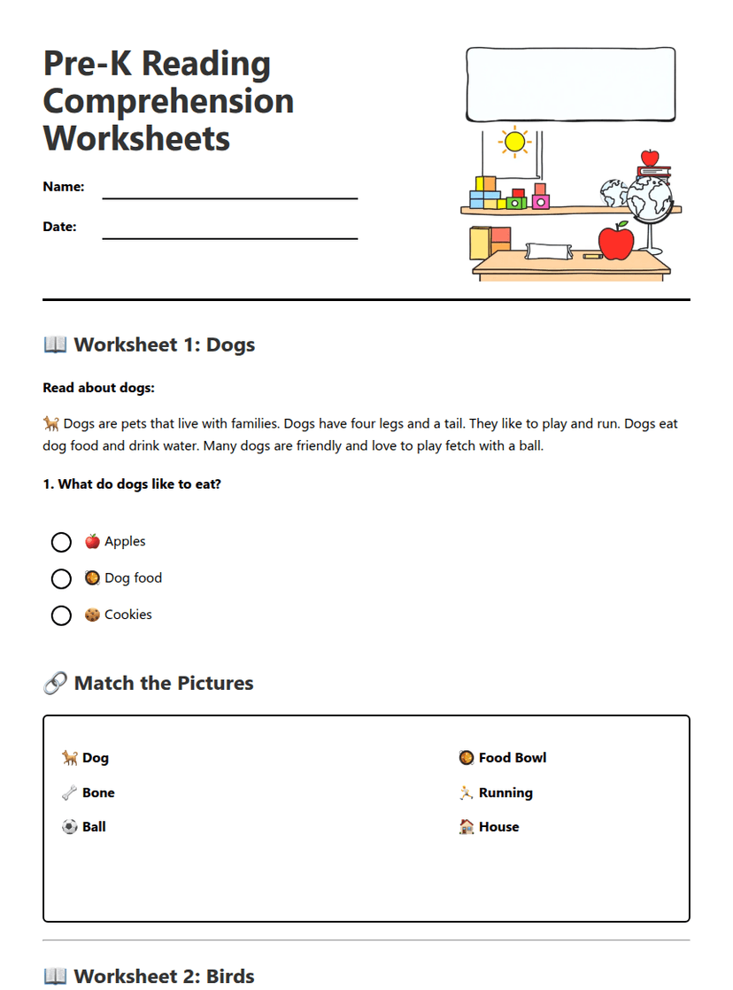 Pre-K Reading Comprehension Worksheets