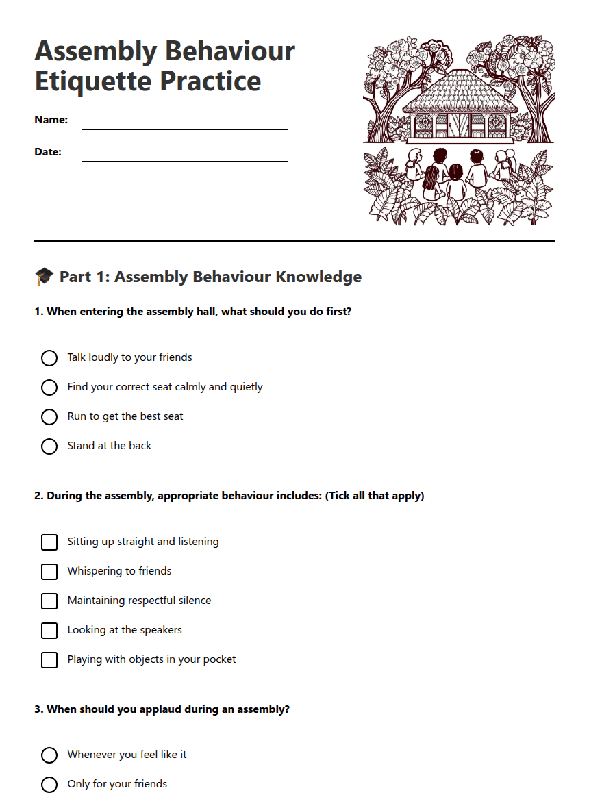 Assembly Behavior Etiquette Practice worksheet preview