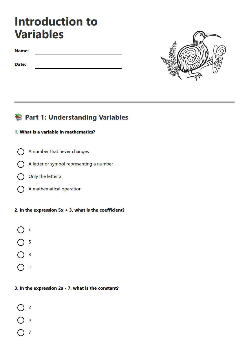 Introduction to Variables worksheet preview