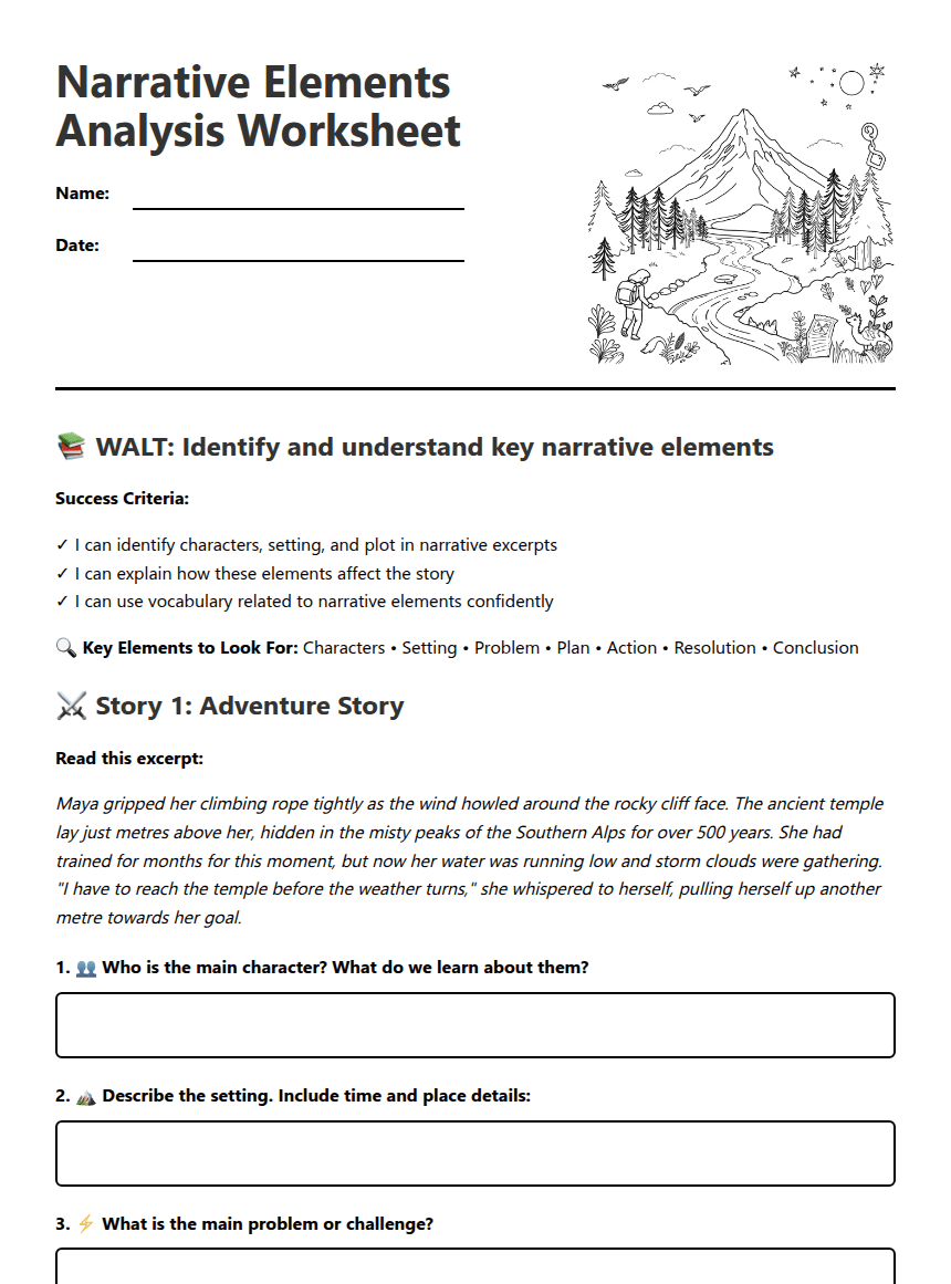 Narrative Elements Analysis Worksheet worksheet preview