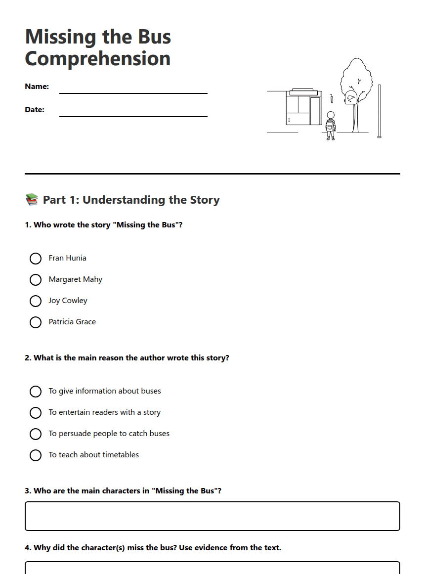 Missing the Bus Comprehension worksheet preview