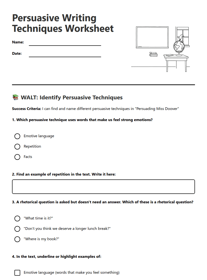 Persuasive Writing Techniques Worksheet worksheet preview