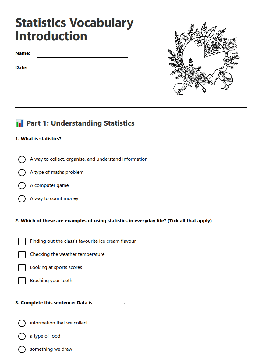 Statistics Vocabulary Introduction worksheet preview