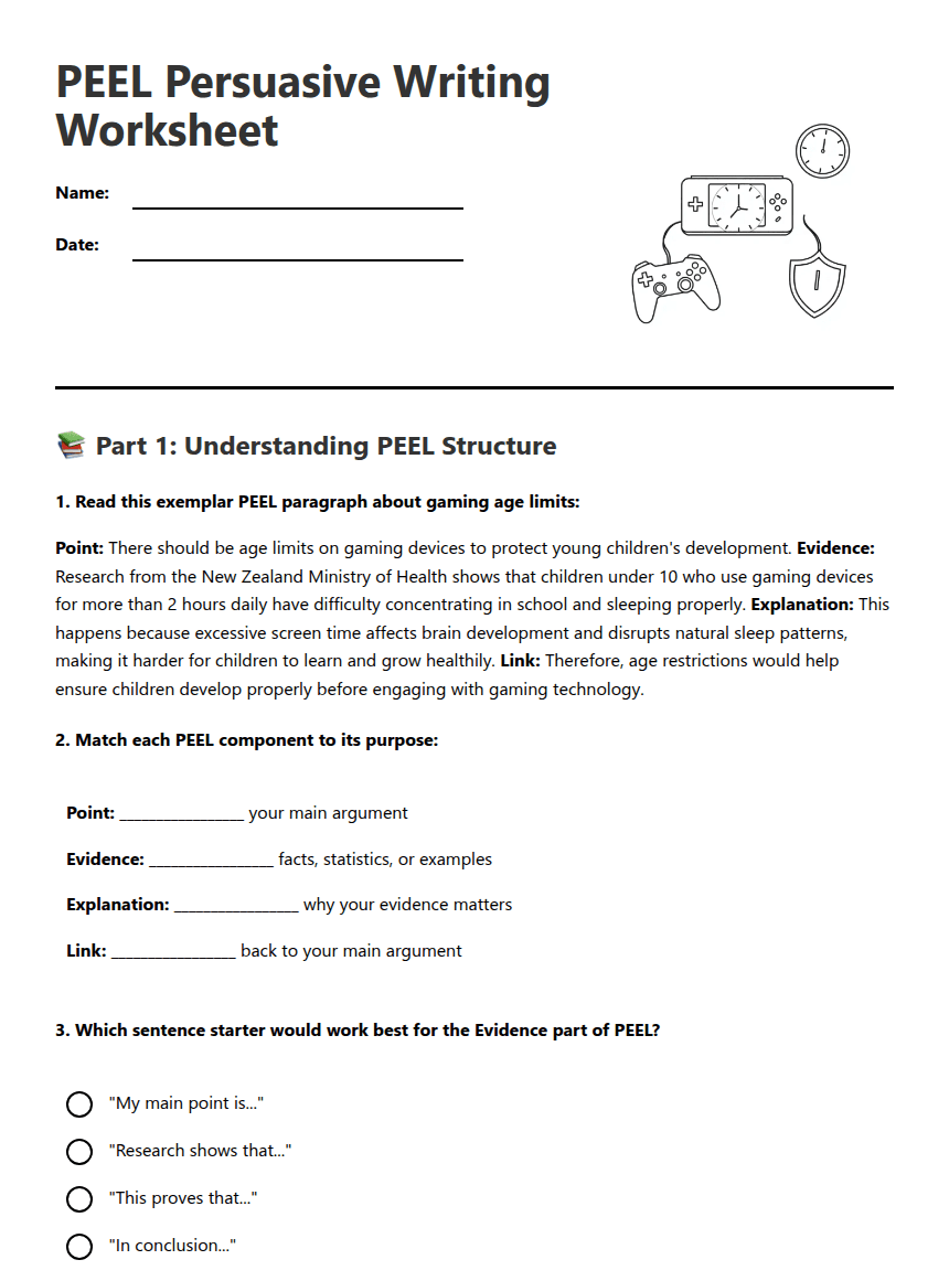 PEEL Persuasive Writing Worksheet worksheet preview