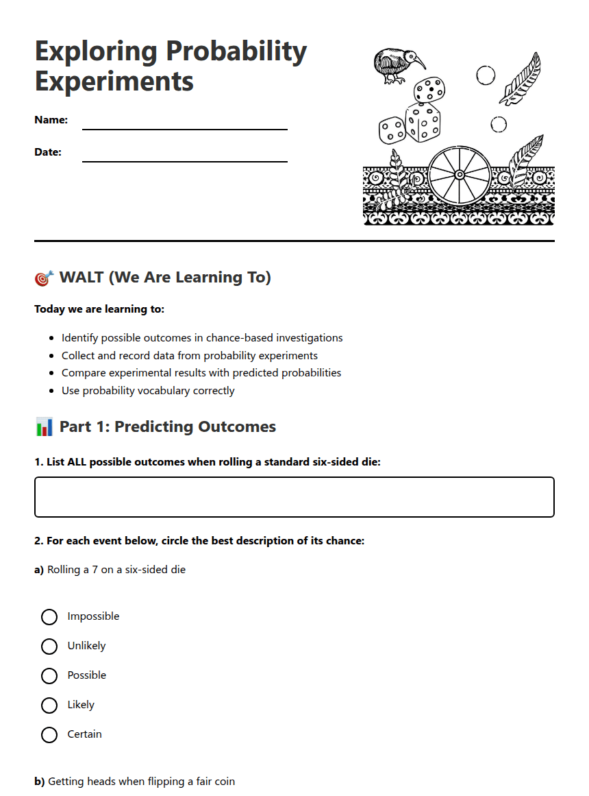 Exploring Probability Experiments worksheet preview