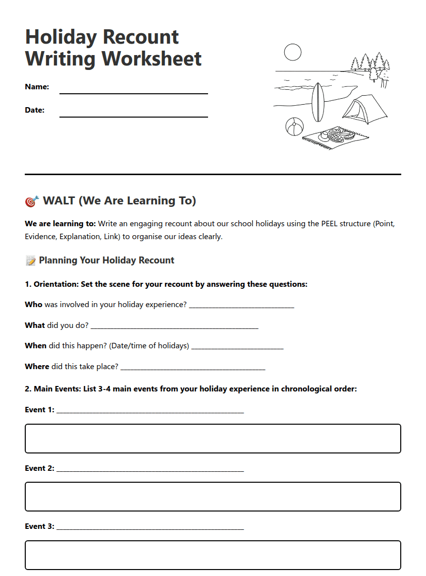 Holiday Recount Writing Worksheet worksheet preview