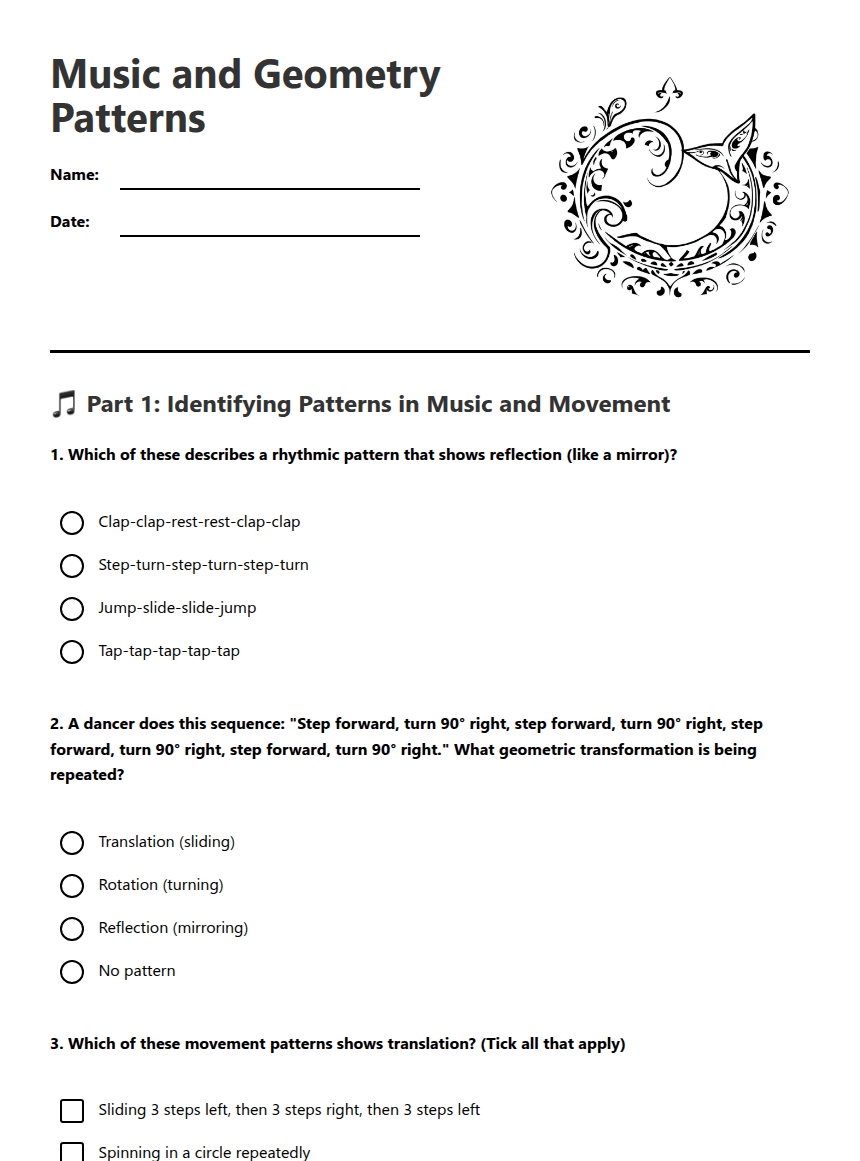 Music and Geometry Patterns worksheet preview