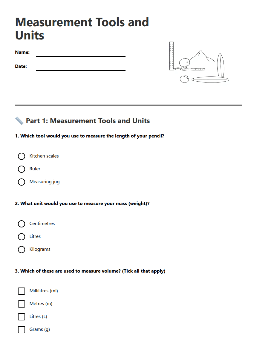 Measurement Tools and Units worksheet preview