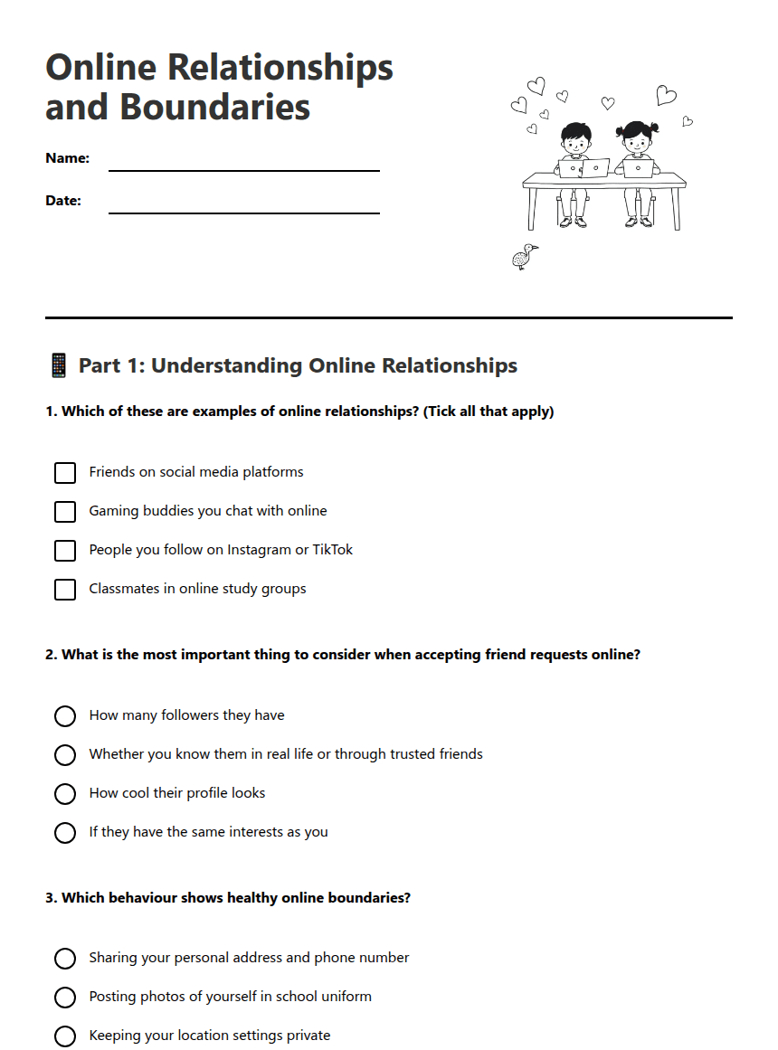 Online Relationships and Boundaries worksheet preview