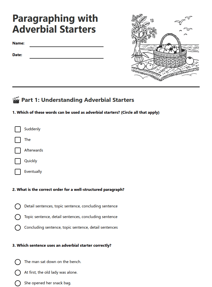 Paragraphing with Adverbial Starters worksheet preview