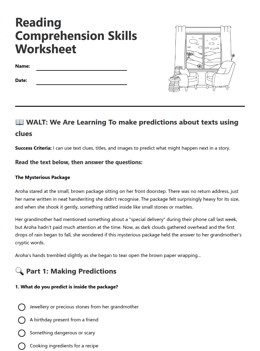 Reading Comprehension Skills Worksheet worksheet preview