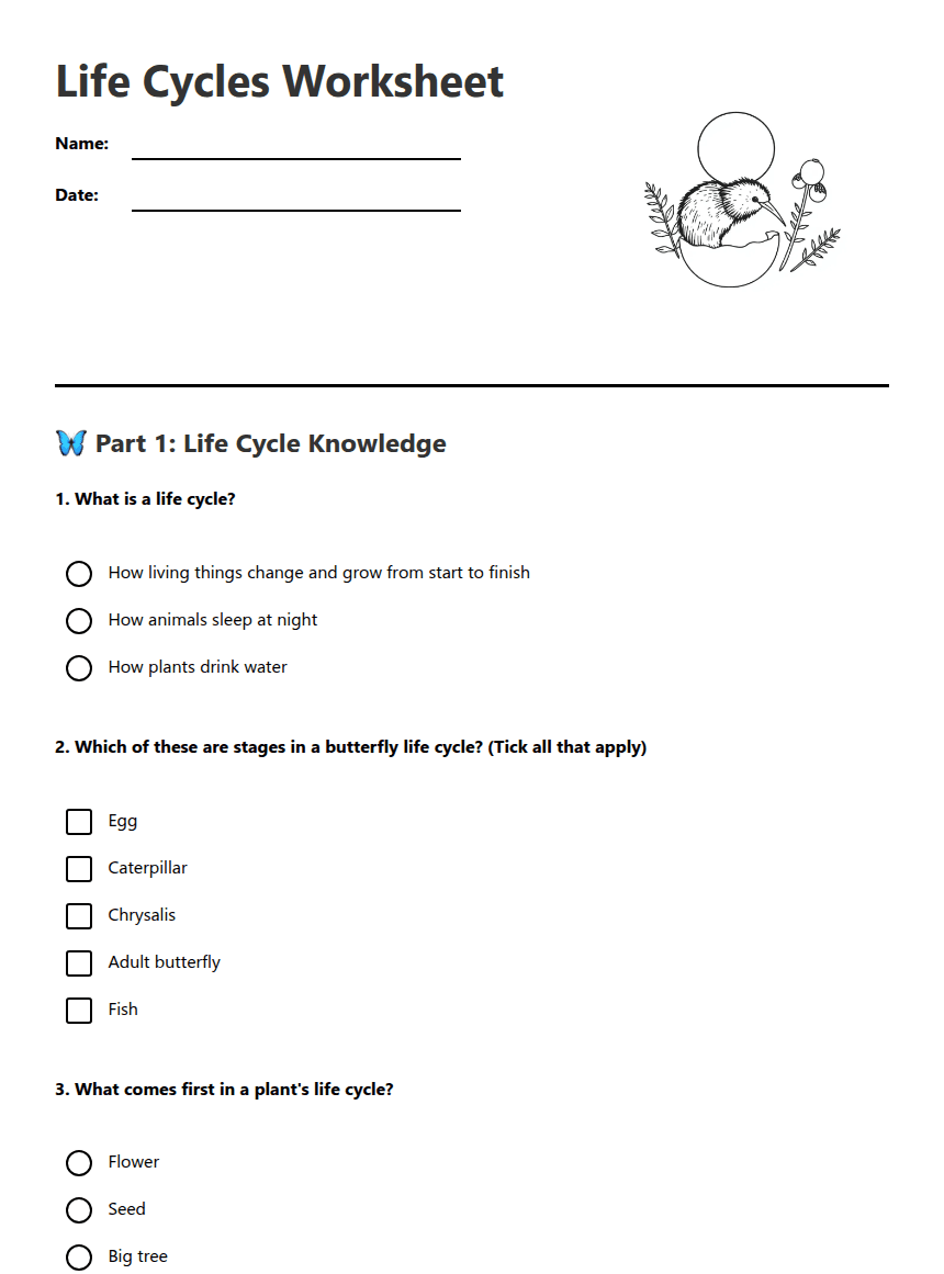 Life Cycles Worksheet worksheet preview