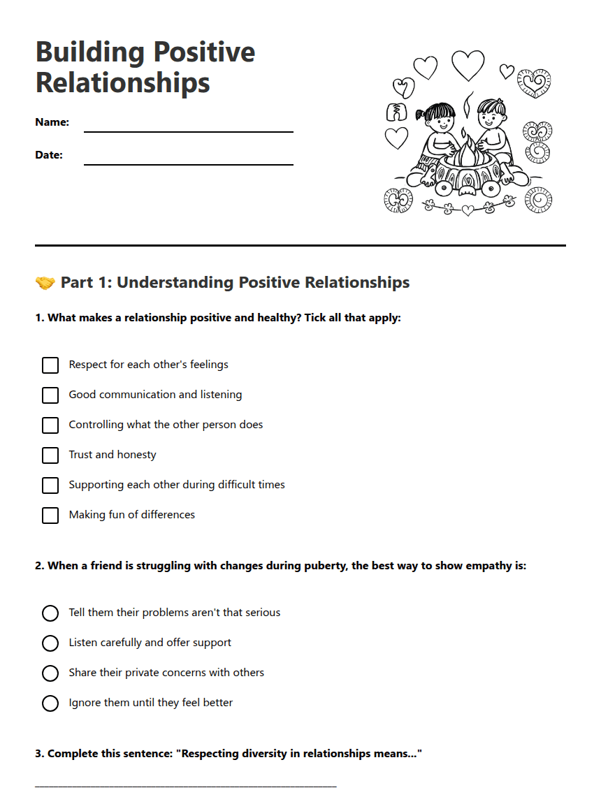 Building Positive Relationships worksheet preview