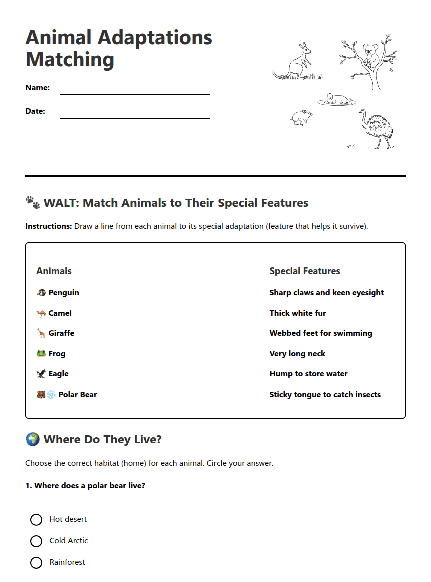 Animal Adaptations Matching worksheet preview