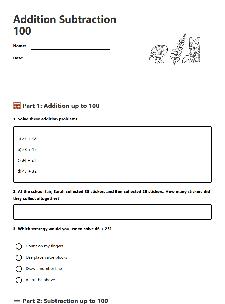 Addition Subtraction 100 worksheet preview