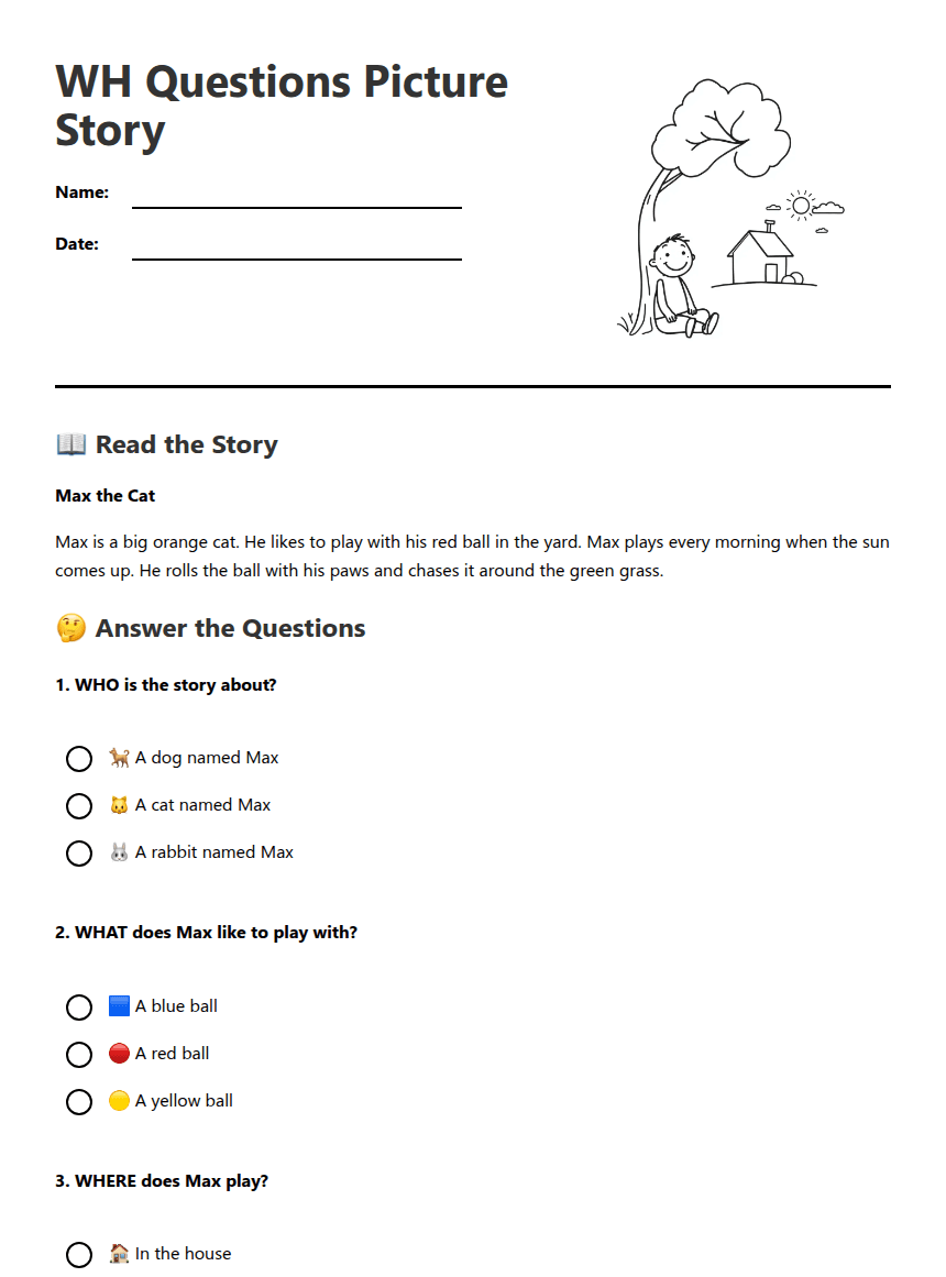 WH Questions Picture Story worksheet preview