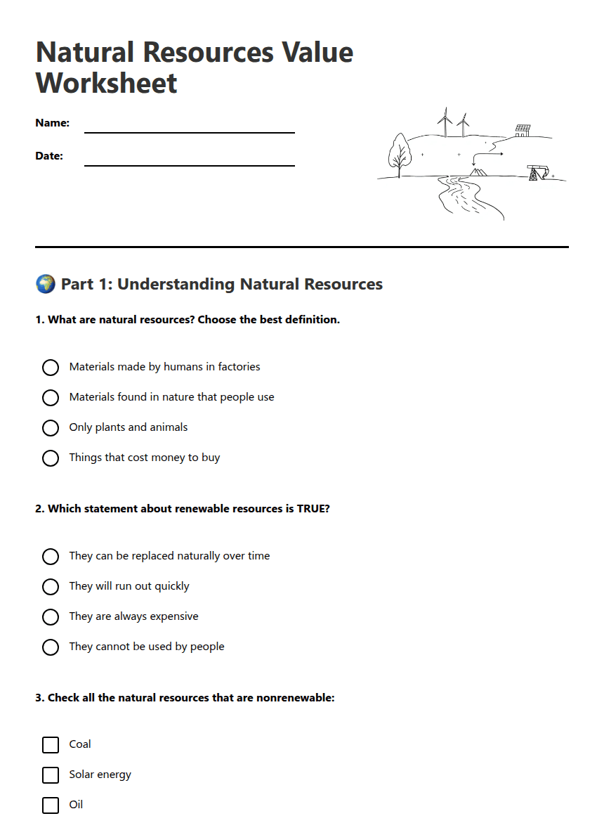 Natural Resources Value Worksheet worksheet preview