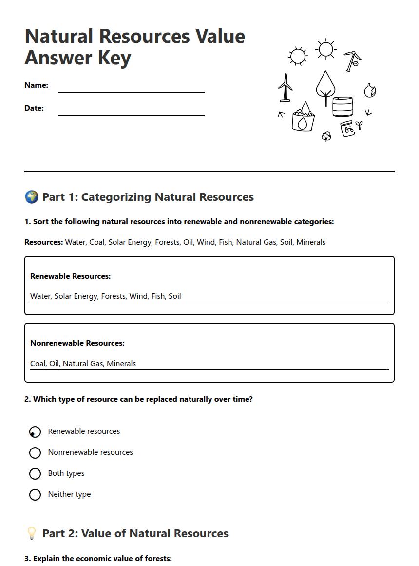 Natural Resources Value Answer Key worksheet preview