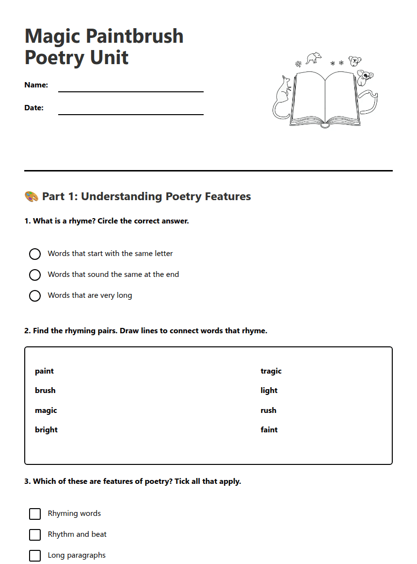 Magic Paintbrush Poetry Unit worksheet preview