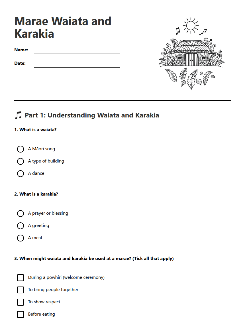 Marae Waiata and Karakia worksheet preview