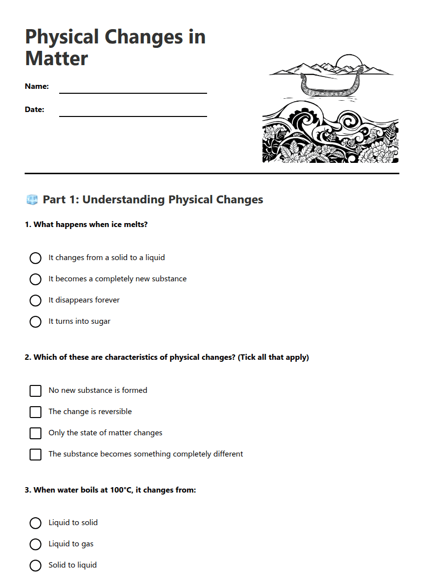 Physical Changes in Matter worksheet preview