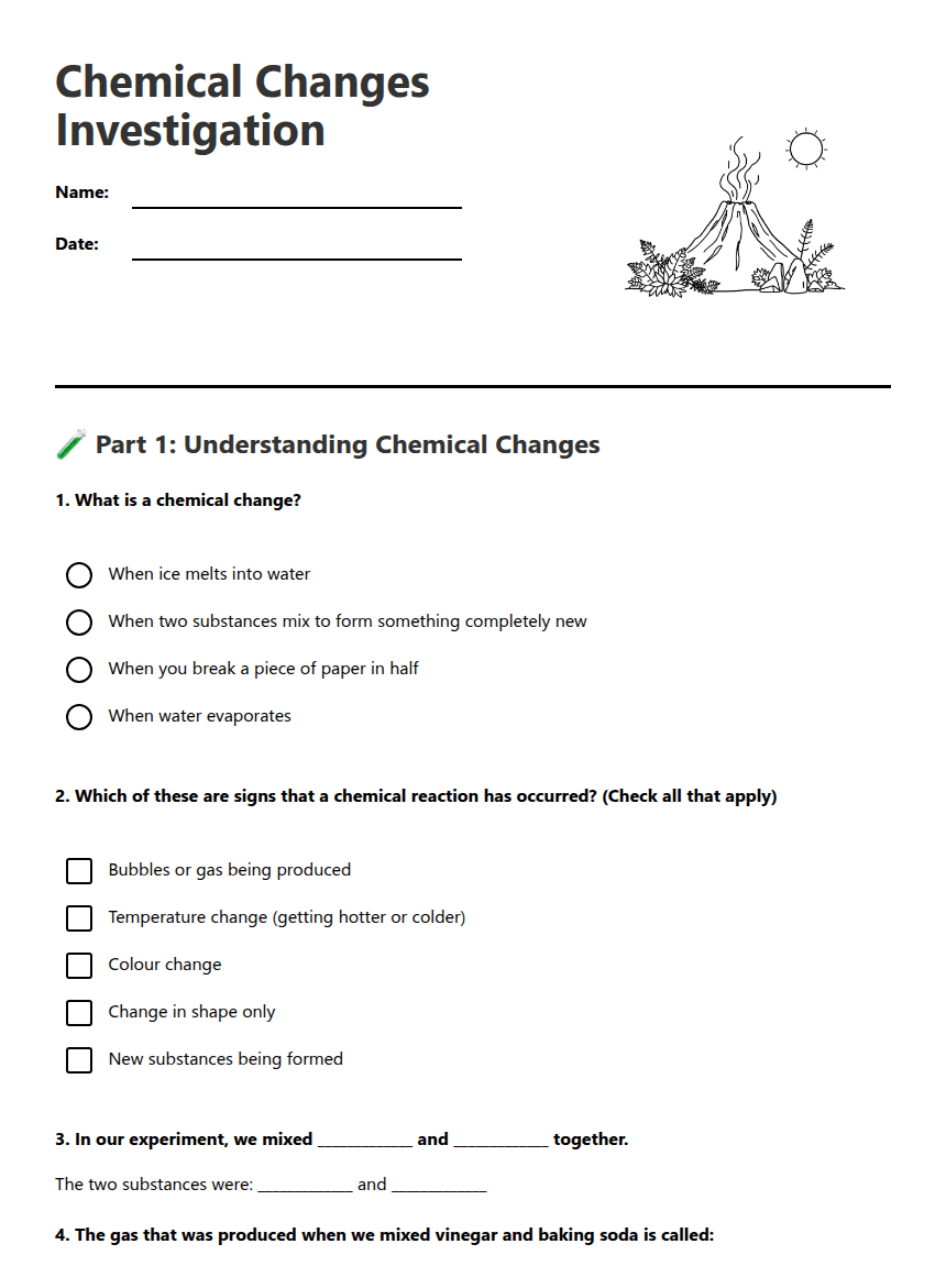 Chemical Changes Investigation worksheet preview
