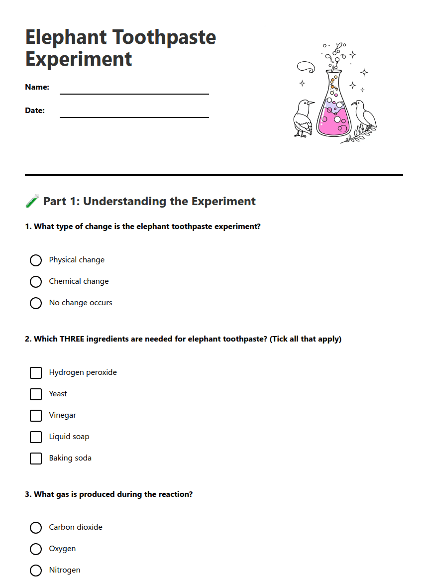 Elephant Toothpaste Experiment worksheet preview