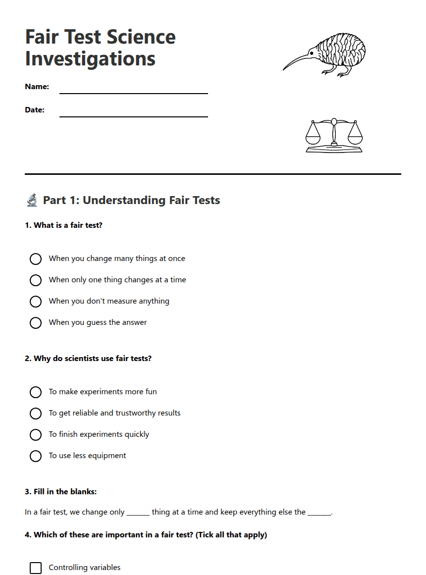 Fair Test Science Investigations worksheet preview