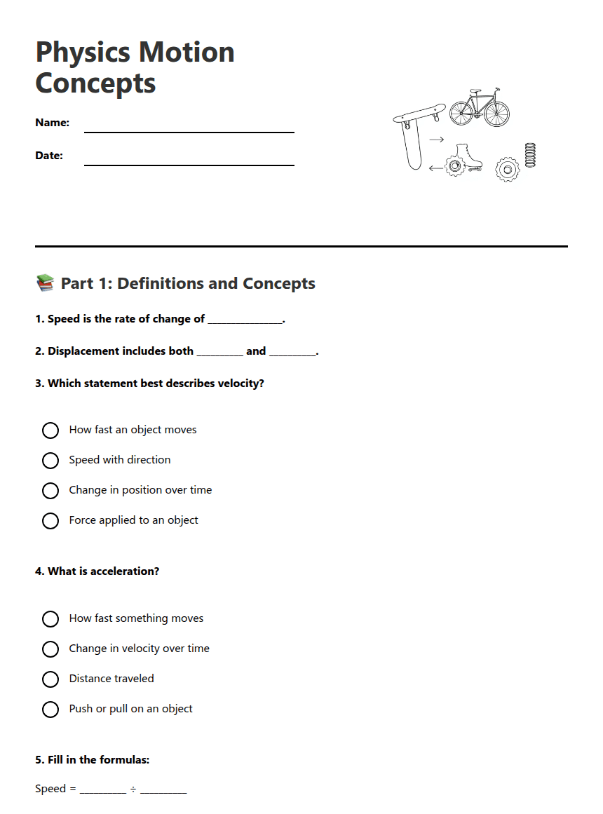 Physics Motion Concepts worksheet preview