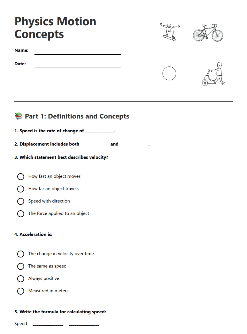 Physics Motion Concepts worksheet preview