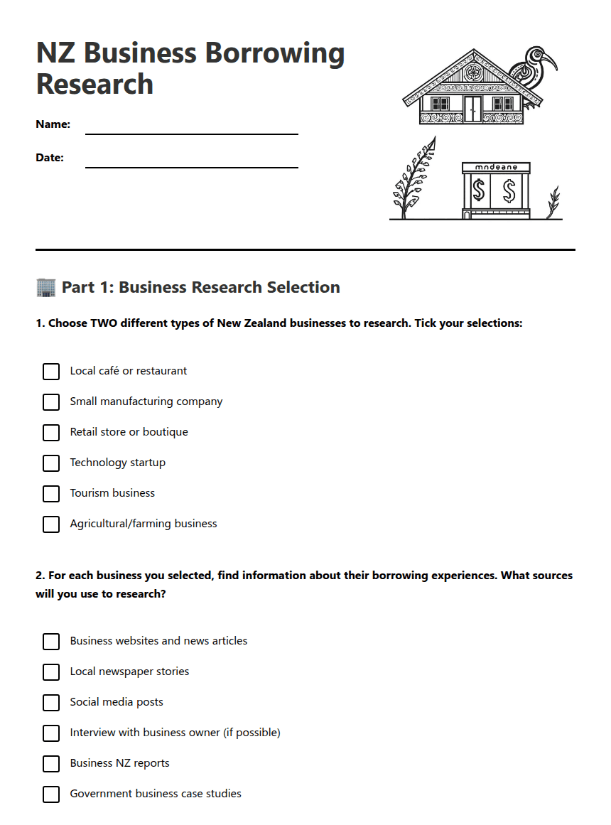 NZ Business Borrowing Research worksheet preview