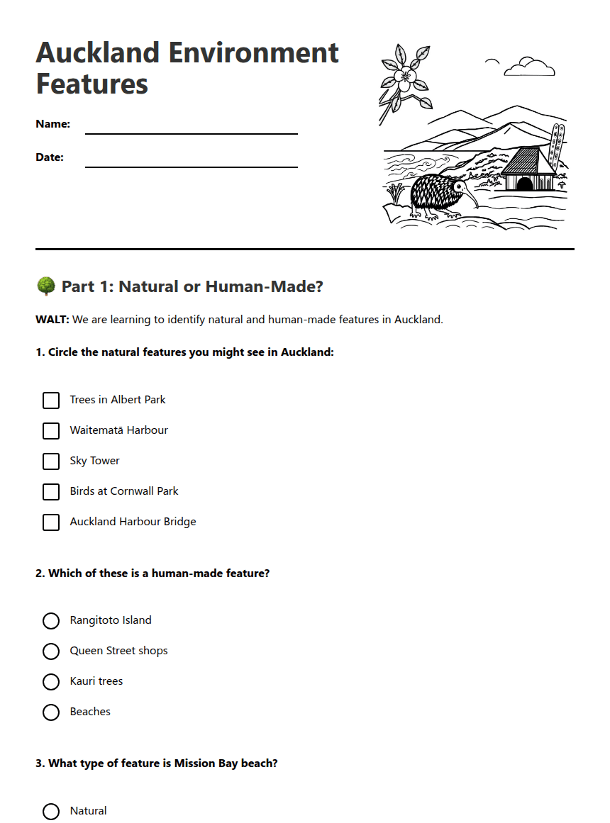 Auckland Environment Features worksheet preview
